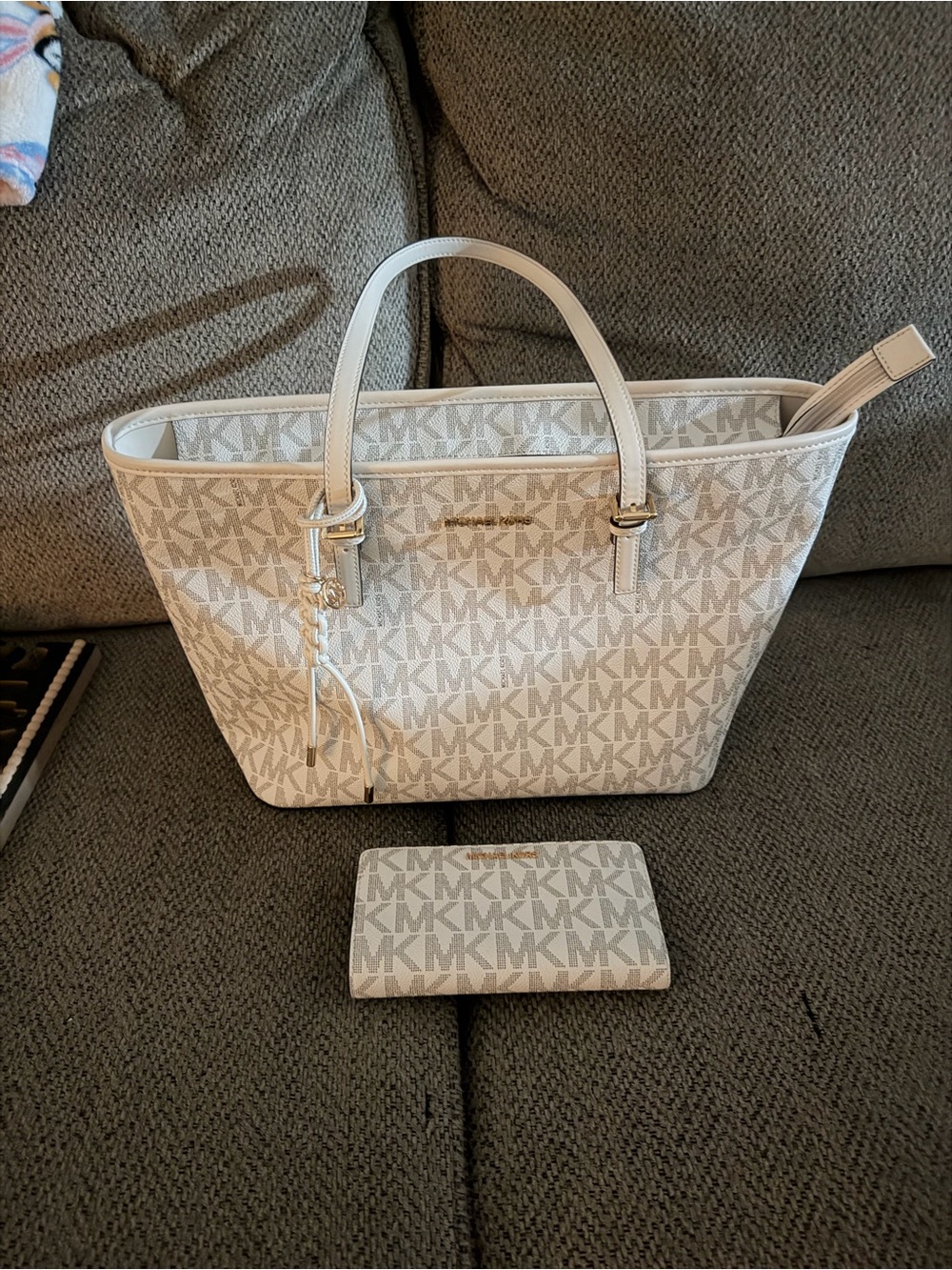 Michael Kors Cream & Beige MK Monogram Tote with Matching Wallet